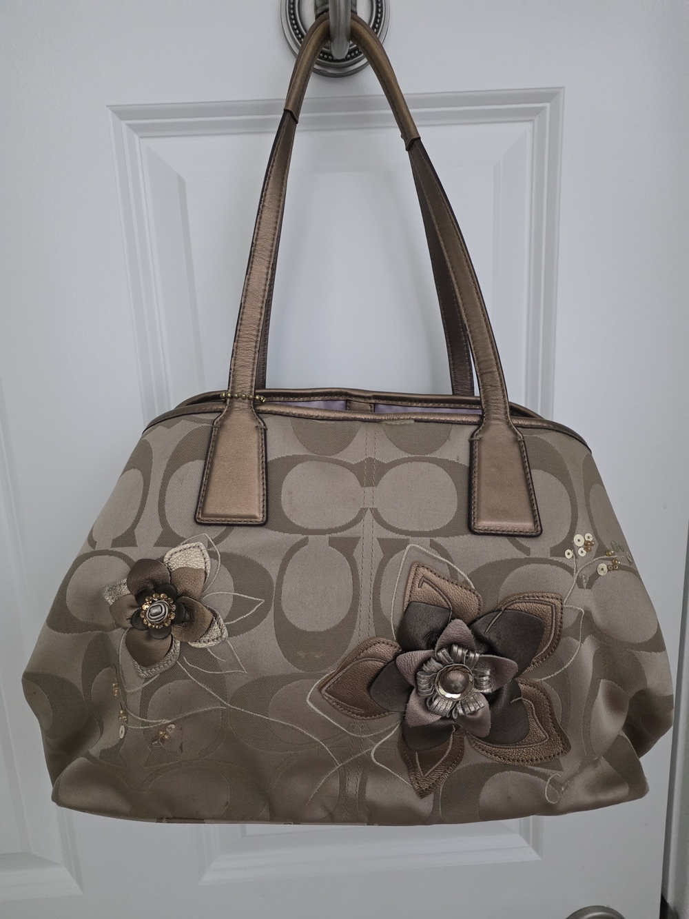 Coach Mia Floral Appliqué Shoulder Bag in Taupe